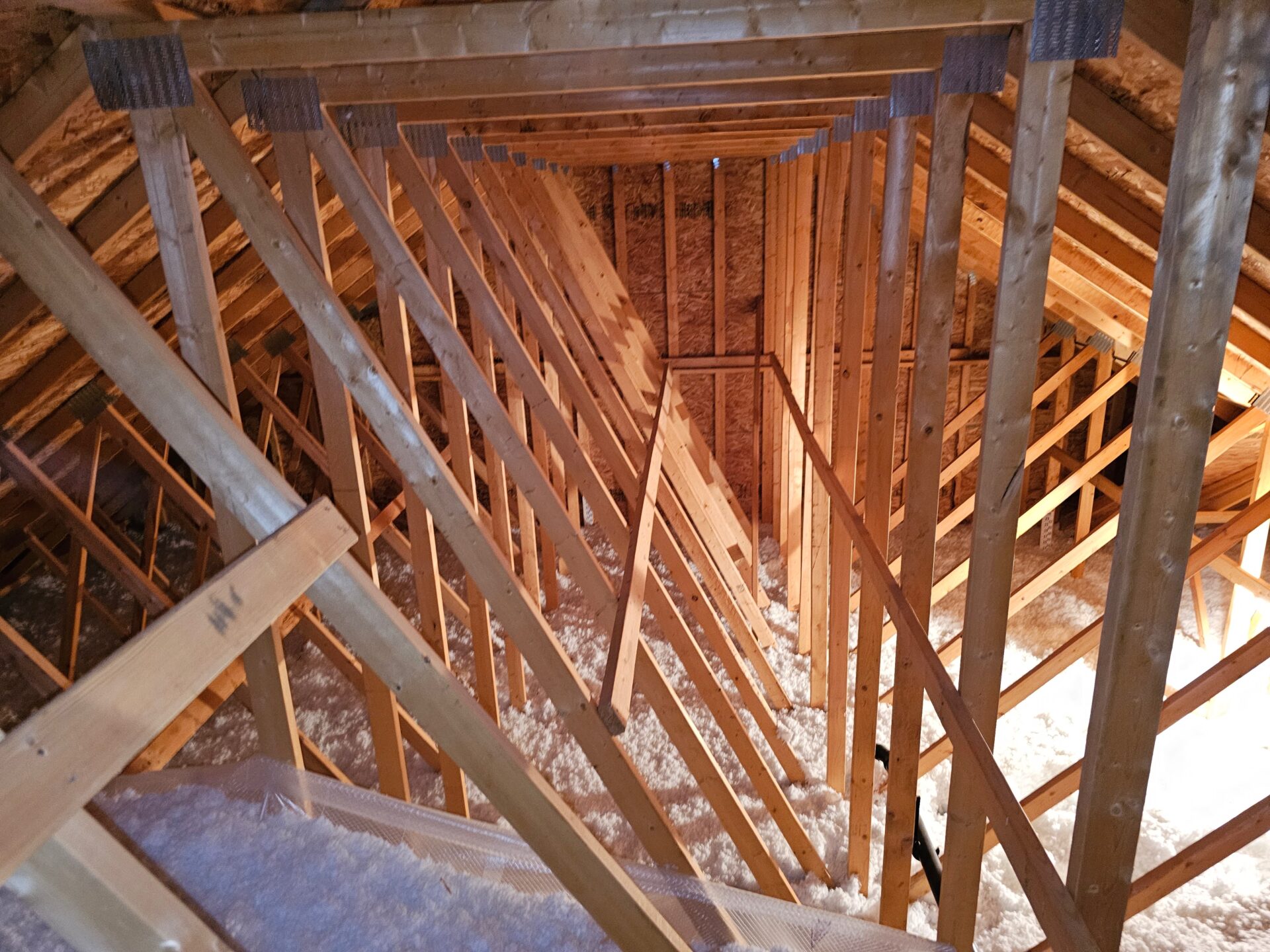 Attic view of new construction roof framing and blown-in insulation showing exposed wooden trusses and rafters installed by a custom home builder and remodeler in Eau Claire, Wisconsin